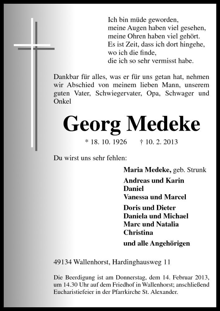  Traueranzeige für Georg Medeke vom 12.02.2013 aus Neue Osnabrücker Zeitung GmbH & Co. KG
