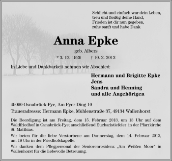 Traueranzeige von Anna Epke von Neue Osnabrücker Zeitung GmbH & Co. KG