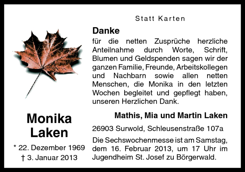  Traueranzeige für Monika Laken vom 13.02.2013 aus Neue Osnabrücker Zeitung GmbH & Co. KG