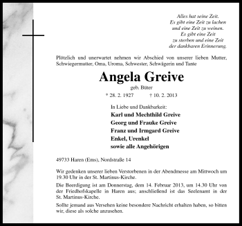 Traueranzeige von Angela Greive von Neue Osnabrücker Zeitung GmbH & Co. KG