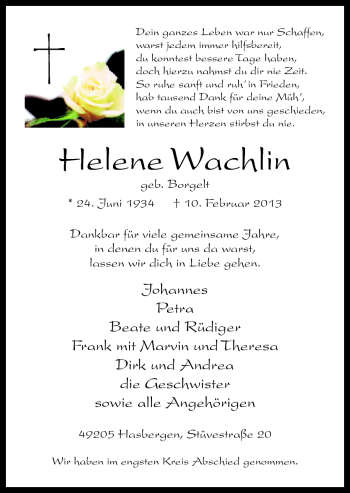 Traueranzeige von Helene Wachlin von Neue Osnabrücker Zeitung GmbH & Co. KG