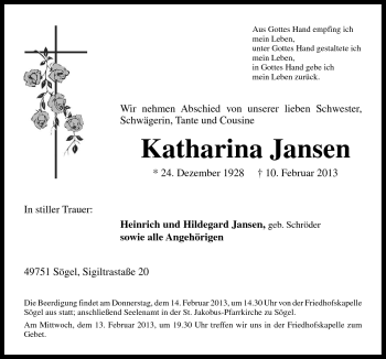 Traueranzeige von Katharina Jansen von Neue Osnabrücker Zeitung GmbH & Co. KG
