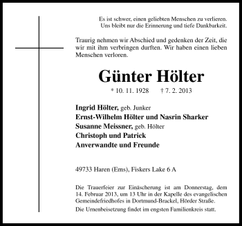 Traueranzeige von Günter Hölter von Neue Osnabrücker Zeitung GmbH & Co. KG