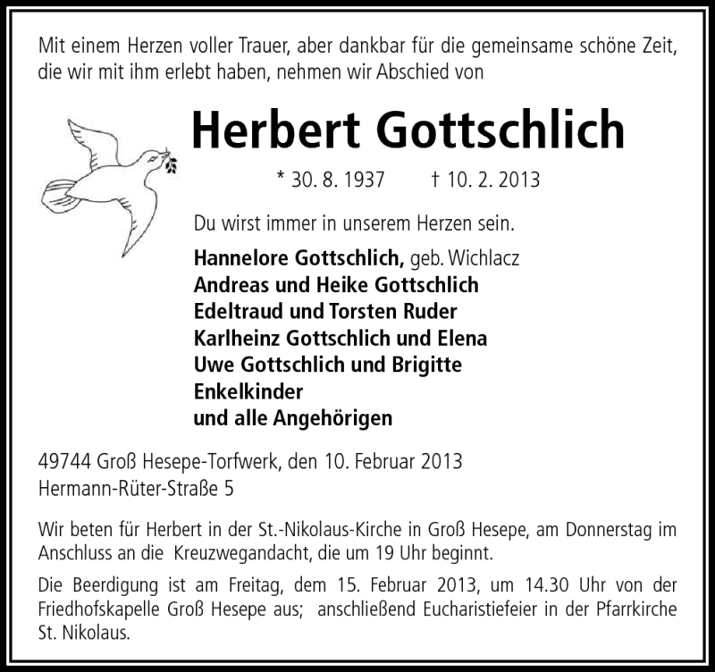  Traueranzeige für Herbert Gottschlich vom 13.02.2013 aus Neue Osnabrücker Zeitung GmbH & Co. KG