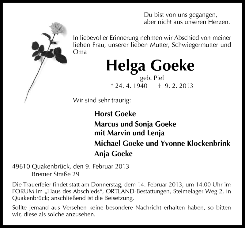  Traueranzeige für Helga Goeke vom 12.02.2013 aus Neue Osnabrücker Zeitung GmbH & Co. KG