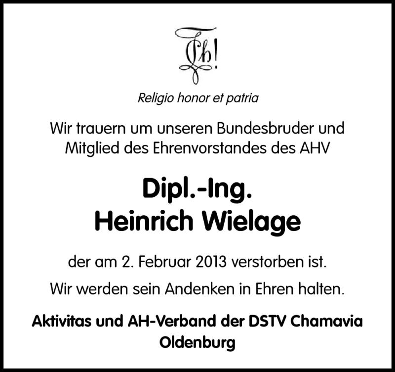  Traueranzeige für Heinrich Wielage vom 12.02.2013 aus Neue Osnabrücker Zeitung GmbH & Co. KG