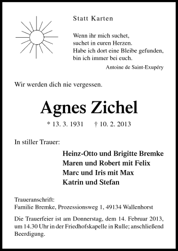 Traueranzeige von Agnes Zichel von Neue Osnabrücker Zeitung GmbH & Co. KG