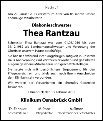 Traueranzeige von Thea Rantzau von Neue Osnabrücker Zeitung GmbH & Co. KG