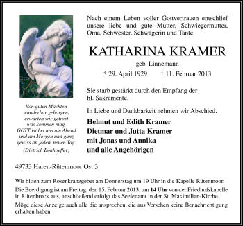 Traueranzeige von Katharina Kramer von Neue Osnabrücker Zeitung GmbH & Co. KG