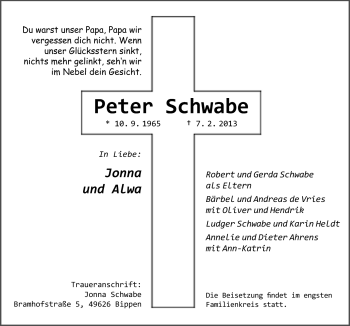 Traueranzeige von Peter Schwabe von Neue Osnabrücker Zeitung GmbH & Co. KG