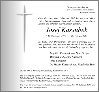 Traueranzeige von Josef Kassubek von Neue Osnabrücker Zeitung GmbH & Co. KG