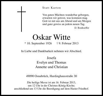 Traueranzeige von Oskar Witte von Neue Osnabrücker Zeitung GmbH & Co. KG