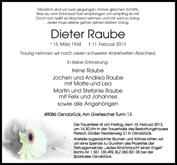 Traueranzeige von Dieter Raube von Neue Osnabrücker Zeitung GmbH & Co. KG