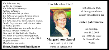 Traueranzeige von Margret von Garrel von Neue Osnabrücker Zeitung GmbH & Co. KG