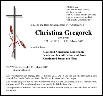 Traueranzeige von Christina Gregorek von Neue Osnabrücker Zeitung GmbH & Co. KG