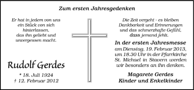  Traueranzeige für Rudolf Gerdes vom 16.02.2013 aus Neue Osnabrücker Zeitung GmbH & Co. KG