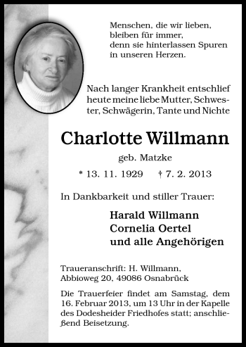 Traueranzeige von Charlotte Willmann von Neue Osnabrücker Zeitung GmbH & Co. KG