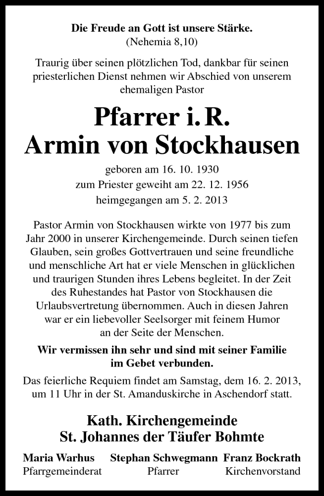  Traueranzeige für Franz-Armin von Stockhausen vom 14.02.2013 aus Neue Osnabrücker Zeitung GmbH & Co. KG