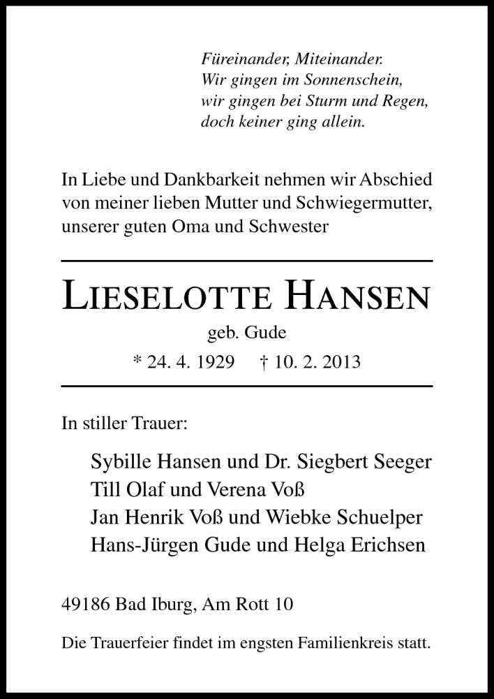  Traueranzeige für Lieselotte Hansen vom 16.02.2013 aus Neue Osnabrücker Zeitung GmbH & Co. KG