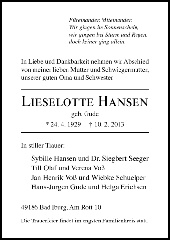 Traueranzeige von Lieselotte Hansen von Neue Osnabrücker Zeitung GmbH & Co. KG