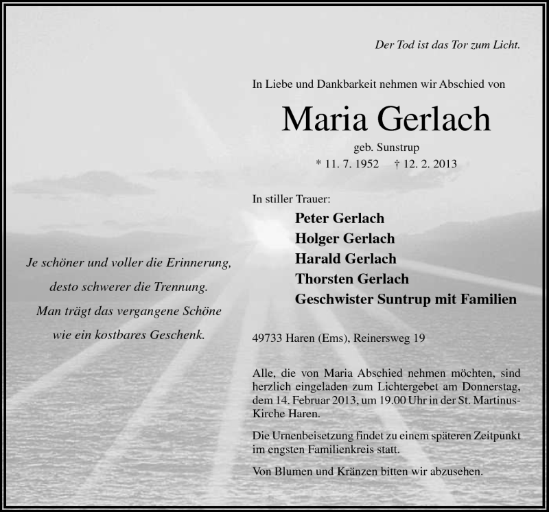  Traueranzeige für Maria Gerlach vom 14.02.2013 aus Neue Osnabrücker Zeitung GmbH & Co. KG