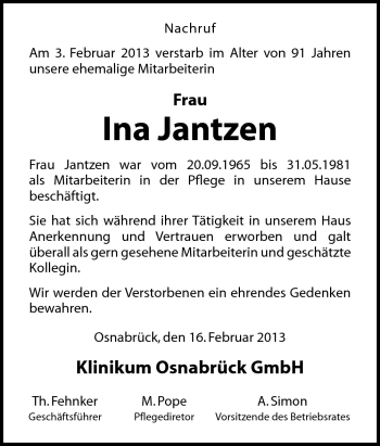 Traueranzeige von Ina Jantzen von Neue Osnabrücker Zeitung GmbH & Co. KG