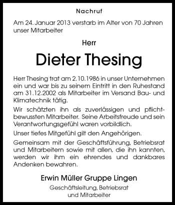 Traueranzeige von Dieter Thesing von Neue Osnabrücker Zeitung GmbH & Co. KG