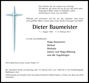 Traueranzeige von Dieter Baumeister von Neue Osnabrücker Zeitung GmbH & Co. KG