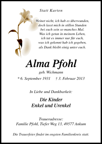 Traueranzeige von Alma Pfohl von Neue Osnabrücker Zeitung GmbH & Co. KG