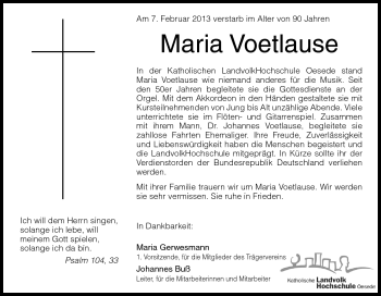 Traueranzeige von Maria Voetlause von Neue Osnabrücker Zeitung GmbH & Co. KG