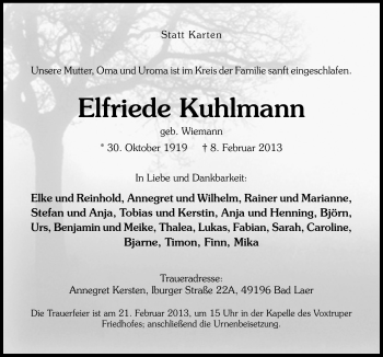 Traueranzeige von Elfriede Kuhlmann von Neue Osnabrücker Zeitung GmbH & Co. KG