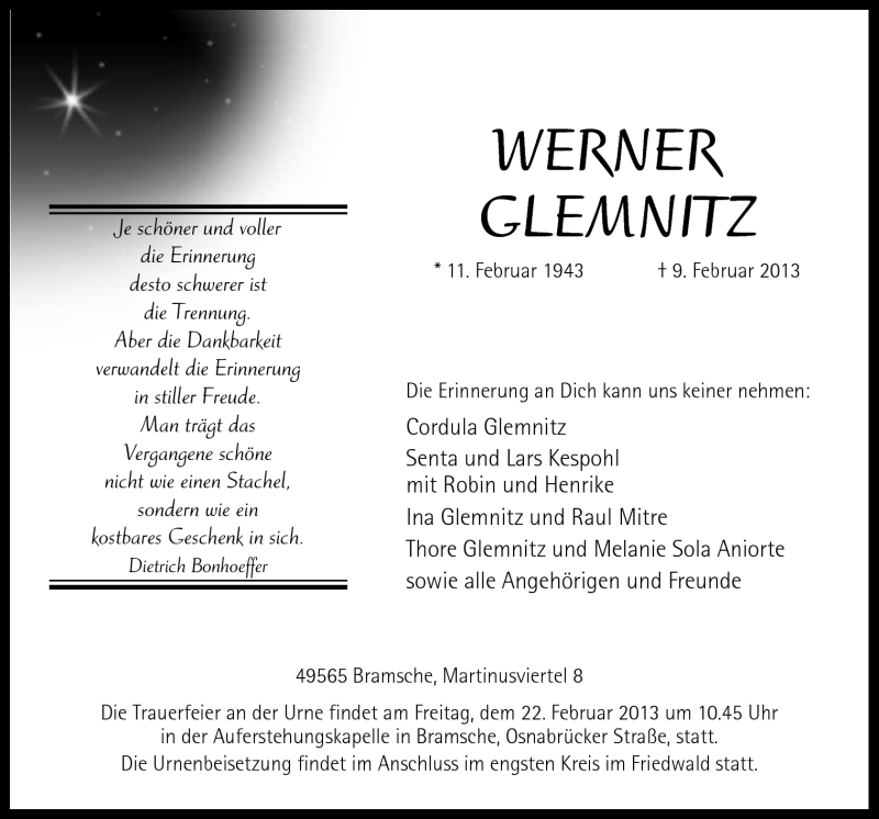  Traueranzeige für Werner Glemnitz vom 15.02.2013 aus Neue Osnabrücker Zeitung GmbH & Co. KG