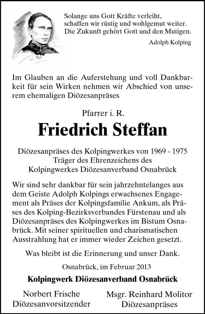  Traueranzeige für Friedrich Steffan vom 15.02.2013 aus Neue Osnabrücker Zeitung GmbH & Co. KG