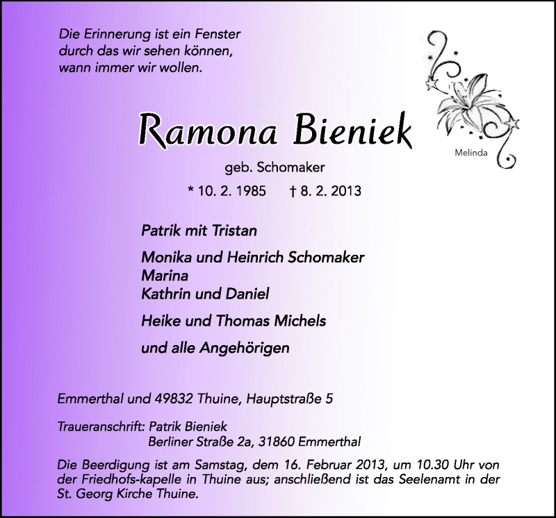  Traueranzeige für Ramona Bieniek vom 15.02.2013 aus Neue Osnabrücker Zeitung GmbH & Co. KG