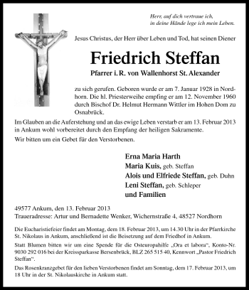 Traueranzeige von Friedrich Steffan von Neue Osnabrücker Zeitung GmbH & Co. KG