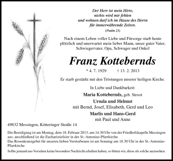 Traueranzeige von Franz Kottebernds von Neue Osnabrücker Zeitung GmbH & Co. KG