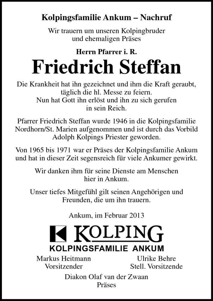  Traueranzeige für Friedrich Steffan vom 15.02.2013 aus Neue Osnabrücker Zeitung GmbH & Co. KG