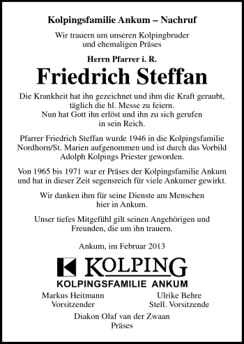 Traueranzeige von Friedrich Steffan von Neue Osnabrücker Zeitung GmbH & Co. KG