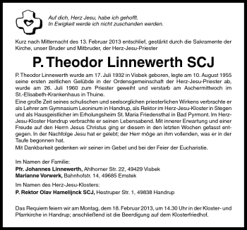 Traueranzeige von Theodor Linnewerth von Neue Osnabrücker Zeitung GmbH & Co. KG