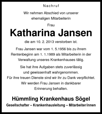 Traueranzeige von Katharina Jansen von Neue Osnabrücker Zeitung GmbH & Co. KG
