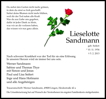 Traueranzeige von Lieselotte Sandmann von Neue Osnabrücker Zeitung GmbH & Co. KG