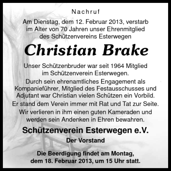 Traueranzeige von Christian Brake von Neue Osnabrücker Zeitung GmbH & Co. KG