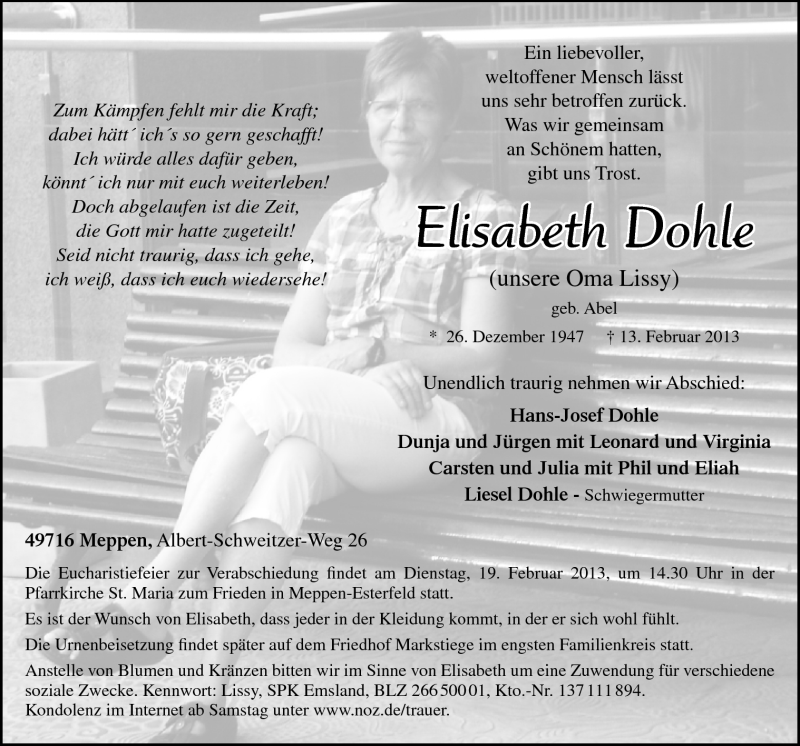  Traueranzeige für Elisabeth Dohle vom 16.02.2013 aus Neue Osnabrücker Zeitung GmbH & Co. KG