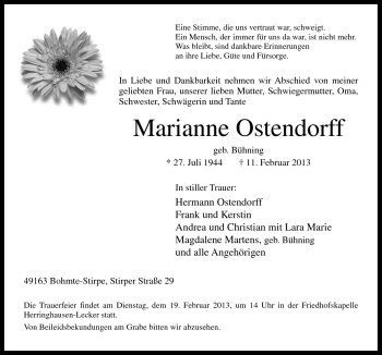 Traueranzeige von Marianne Ostendorff von Neue Osnabrücker Zeitung GmbH & Co. KG
