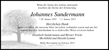 Traueranzeige von Johannes Sundermann von Neue Osnabrücker Zeitung GmbH & Co. KG