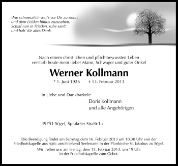 Traueranzeige von Werner Kollmann von Neue Osnabrücker Zeitung GmbH & Co. KG