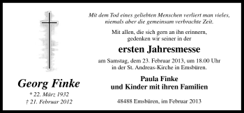 Traueranzeige von Georg Finke von Neue Osnabrücker Zeitung GmbH & Co. KG