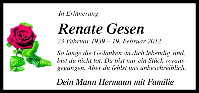  Traueranzeige für Renate Gesen vom 19.02.2013 aus Neue Osnabrücker Zeitung GmbH & Co. KG