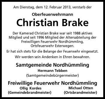 Traueranzeige von Christian Brake von Neue Osnabrücker Zeitung GmbH & Co. KG