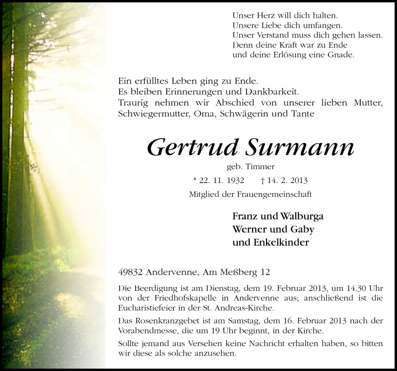  Traueranzeige für Gertrud Surmann vom 16.02.2013 aus Neue Osnabrücker Zeitung GmbH & Co. KG